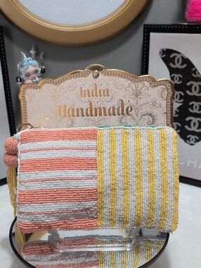 Vibrant Indian Hand Made Multi Colored Striped Beaded Clutch With Beaded Tassel